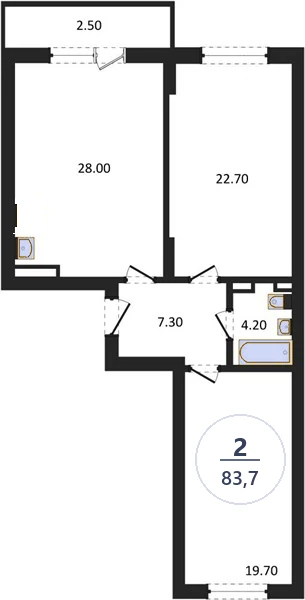 Планировка 2-комнатная, 83,7 м², дом 14, ЖК Академ Риверсайд