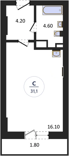 Планировка студия, 31,1 м², дом 14, ЖК Академ Риверсайд
