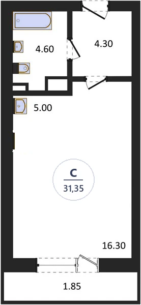 Планировка студия, 31,35 м², дом 14, ЖК Академ Риверсайд
