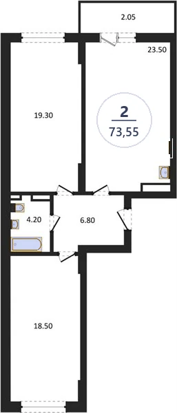 Планировка 2-комнатная, 73,55 м², дом 14, ЖК Академ Риверсайд
