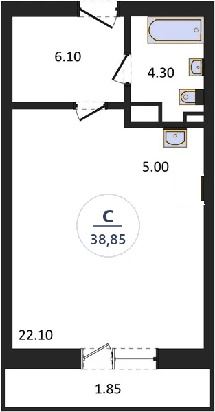 Планировка студия, 38,85 м², дом 14, ЖК Академ Риверсайд