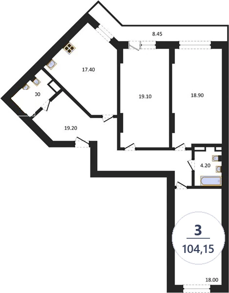 Планировка 3-комнатная, 104,15 м², дом 14, ЖК Академ Риверсайд