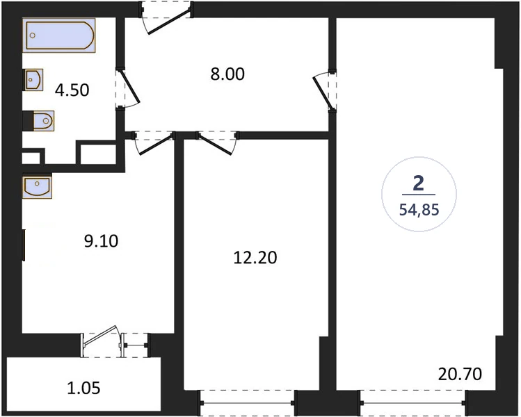 Планировка 2-комнатная, 54,85 м², дом 14, ЖК Академ Риверсайд