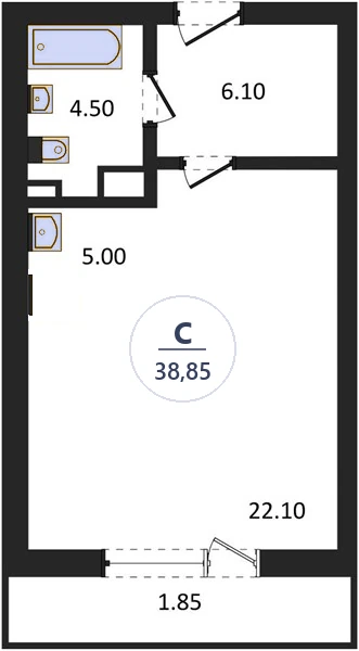 Планировка студия, 38,85 м², дом 14, ЖК Академ Риверсайд