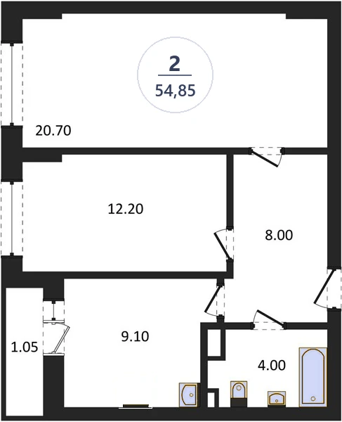 Планировка 2-комнатная, 54,85 м², дом 14, ЖК Академ Риверсайд