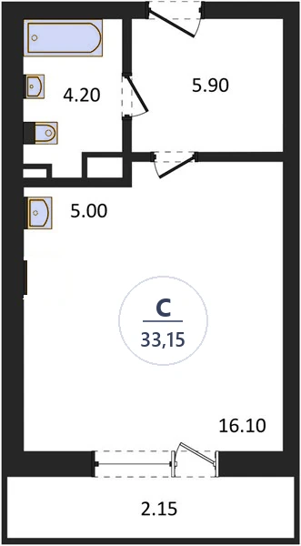 Планировка студия, 33,15 м², дом 14, ЖК Академ Риверсайд