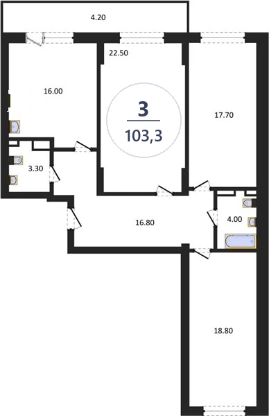 Планировка 3-комнатная, 103,3 м², дом 14, ЖК Академ Риверсайд