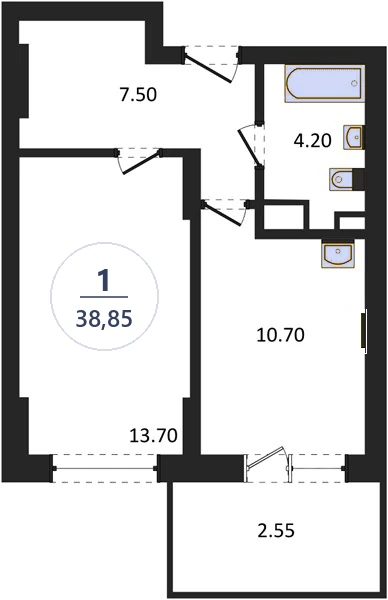 Планировка 1-комнатная, 38,85 м², дом 14, ЖК Академ Риверсайд