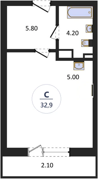 Планировка студия, 32,9 м², дом 14, ЖК Академ Риверсайд