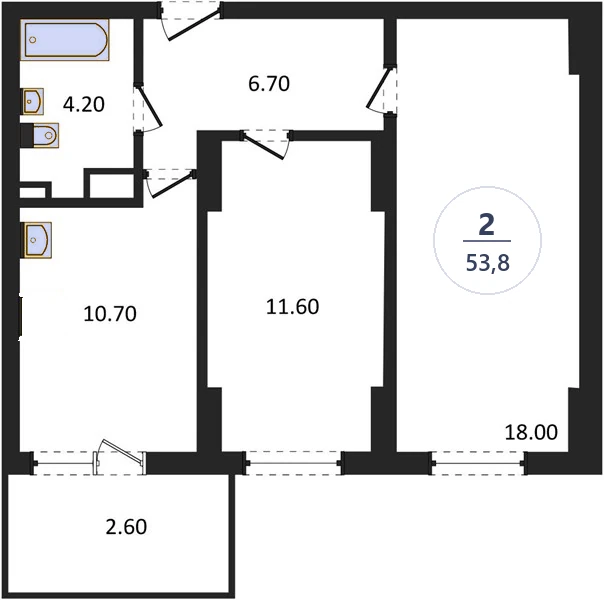 Планировка 2-комнатная, 53,8 м², дом 14, ЖК Академ Риверсайд