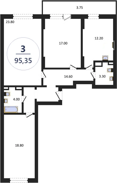 Планировка 3-комнатная, 95,35 м², дом 14, ЖК Академ Риверсайд