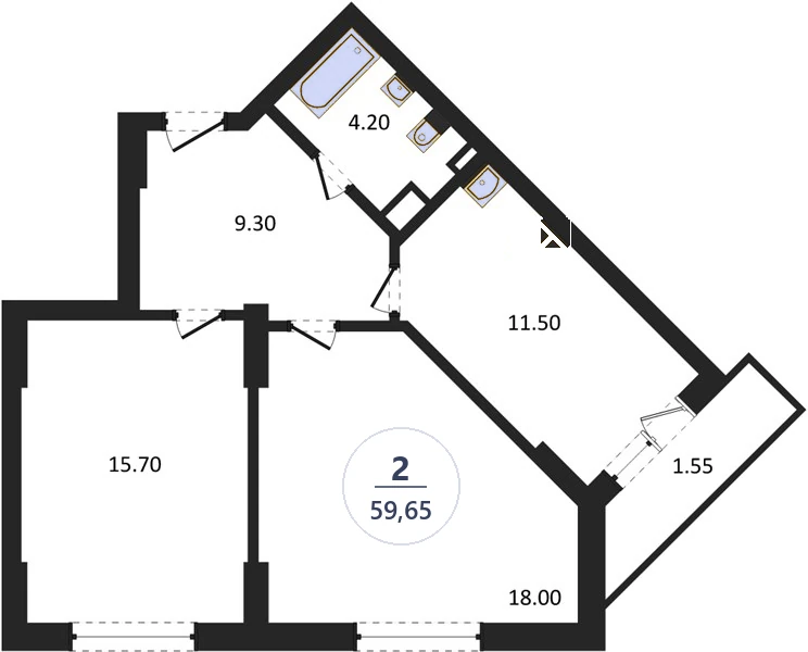 Планировка 2-комнатная, 59,65 м², дом 14, ЖК Академ Риверсайд