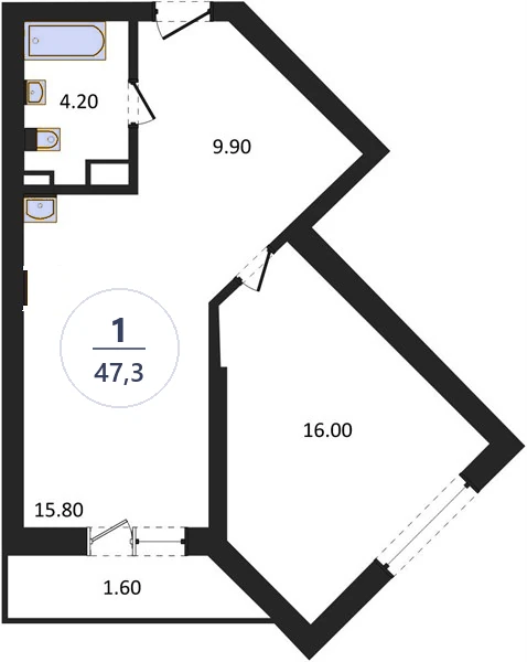Планировка 1-комнатная, 47,3 м², дом 14, ЖК Академ Риверсайд