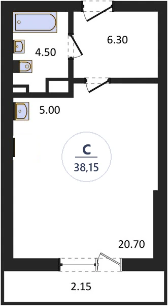 Планировка студия, 38,15 м², дом 14, ЖК Академ Риверсайд