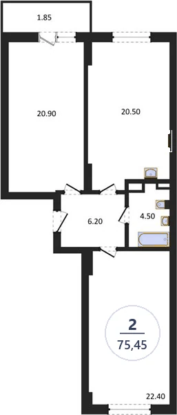 Планировка 2-комнатная, 75,45 м², дом 14, ЖК Академ Риверсайд
