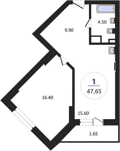 Планировка 1-комнатная, 47,65 м², дом 14, ЖК Академ Риверсайд