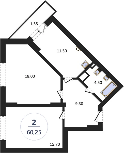 Планировка 2-комнатная, 60,25 м², дом 14, ЖК Академ Риверсайд
