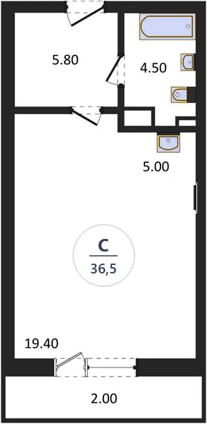 Планировка студия, 36,5 м², дом 14, ЖК Академ Риверсайд