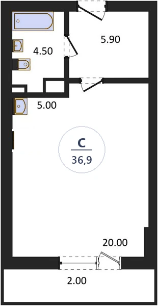 Планировка студия, 36,9 м², дом 14, ЖК Академ Риверсайд