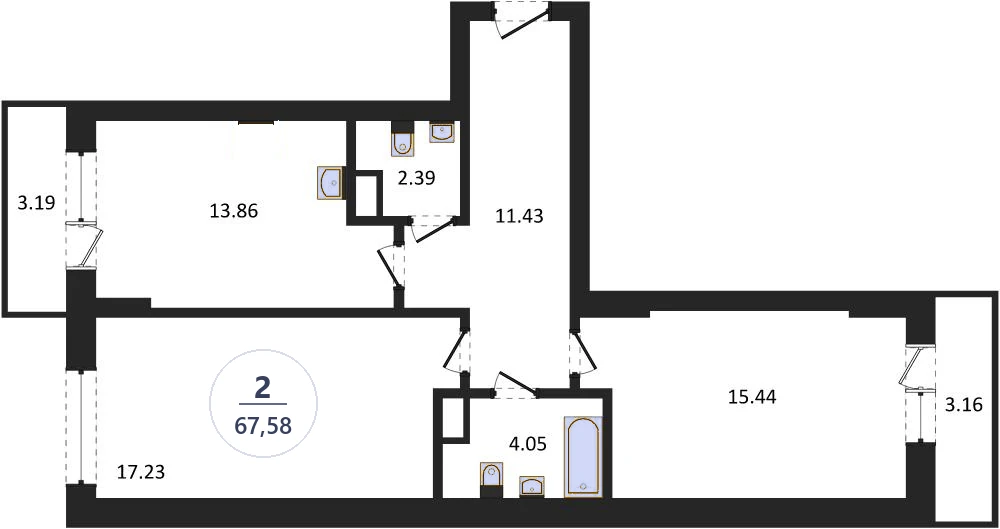 Планировка 2-комнатная, 67,58 м², дом 82.2, ЖК Академ Риверсайд