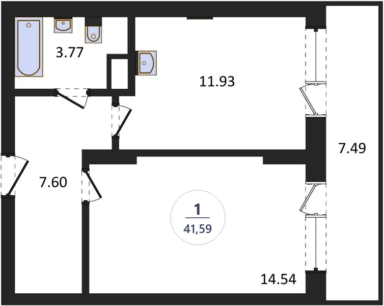 Планировка 1-комнатная, 41,59 м², дом 82.2, ЖК Академ Риверсайд