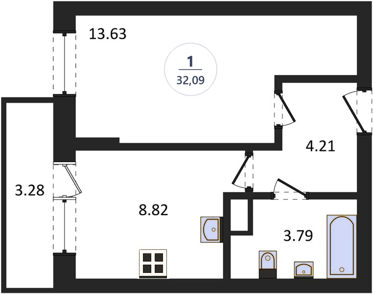 Планировка 1-комнатная, 32,09 м², дом 82.2, ЖК Академ Риверсайд