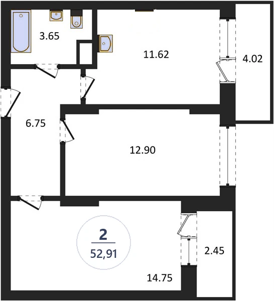 Планировка 2-комнатная, 52,91 м², дом 82.2, ЖК Академ Риверсайд